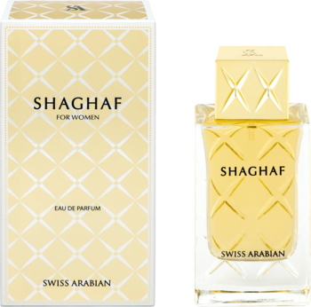 Swiss Arabian Shaghaf damska woda perfumowana, cytrusowo-owocowa. Złote pudełko i butelka z wzorem, przód.