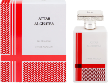 Męska woda perfumowana Swiss Arabian Attar Al Ghutra, biała butelka i pudełko z czerwonym tradycyjnym wzorem.