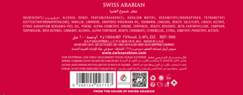 Tył czerwonego opakowania perfum Swiss Arabian Attar Al Ghutra 100ml ze składnikami, kodem kreskowym i QR code.