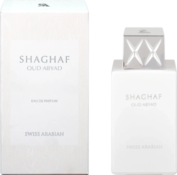 Biała woda perfumowana Swiss Arabian Shaghaf Oud Abyad unisex, butelka z srebrnym korkiem i białe pudełko, widok z przodu.