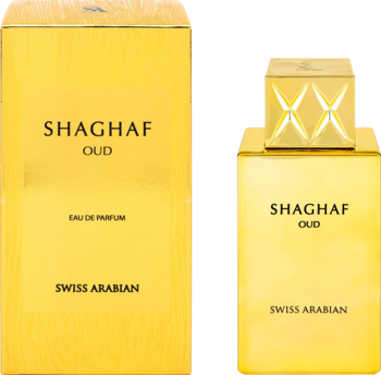 Złoty flakon i pudełko Swiss Arabian Shaghaf Oud Eau de Parfum unisex, widok z przodu na jasnym tle.