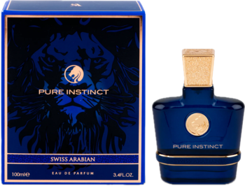 Swiss Arabian Pure Instinct, męska woda perfumowana, granatowa butelka i pudełko z motywem lwa. Widok z przodu.