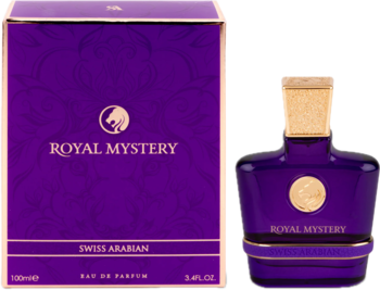 Swiss Arabian Royal Mystery damska woda perfumowana 100ml, fioletowa butelka ze złotą zakrętką i pudełko obok.