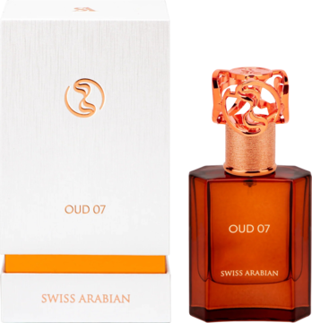 Swiss Arabian Oud 07 woda perfumowana. Białe pudełko i bursztynowa butelka z ozdobną zakrętką obok.
