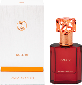 Swiss Arabian Rose 01, czerwona woda perfumowana obok białego pudełka z pomarańczowym paskiem, widok z przodu.