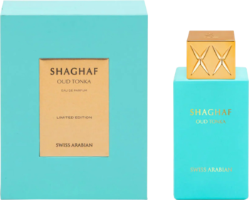 Swiss Arabian Shaghaf Tonka Woda Perfumowana. Turkusowa butelka z ozdobną złotą nakładką i dopasowane pudełko.