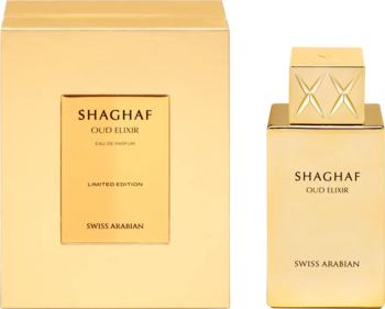 Luksusowe perfumy unisex Swiss Arabian Shaghaf Oud Elixir: złota butelka z korkiem 'XX' i eleganckie pudełko.