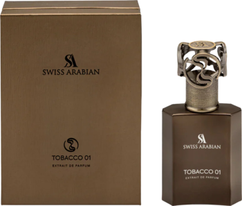 Swiss Arabian Tobacco 01 Extrait de Parfum, brązowa oktagonalna butelka z metalowym korkiem obok brązowego pudełka.