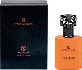 Czarne pudełko i pomarańczowy flakon Swiss Arabian Incense 01 perfum unisex z czarną, rzeźbioną nakrętką.