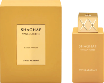 Złote perfumy SHAGHAF VANILLA TOFFEE Swiss Arabian, butelka z XX na nakrętce obok pudełka, widok z przodu.