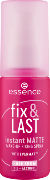 Essence Fix & Last Instant Matte Make-Up Fixing Spray w różowej butelce z jasnoróżową zakrętką, widok frontalny.