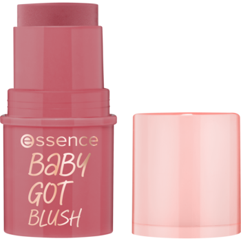 Róż w sztyfcie Essence Baby Got Blush, otwarta tubka z wysuniętym różowym produktem, widok z przodu.