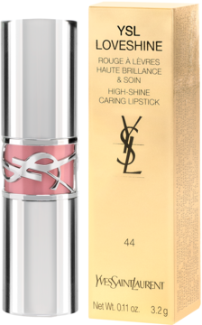 Błyszcząca szminka YSL LOVESHINE nr 44 w srebrnej tubie z różowym wkładem, obok złote opakowanie.