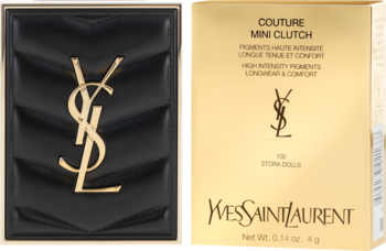 Paleta YSL Couture Mini Clutch nr 100 Storm Dolls: czarna, pikowana z logo, obok złote pudełko produktu.