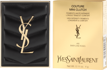 Paleta cieni YSL Couture Mini Clutch 400 Babylone Roses: pikowany czarny kompakt ze złotym logo obok złotego opakowania.