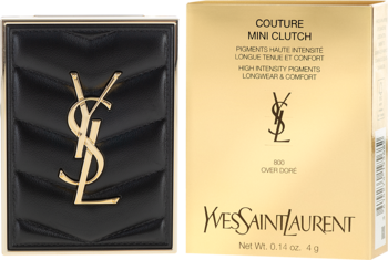 YSL Couture Mini Clutch paleta cieni 800 Over Dore: czarna pikowana paleta z logo, obok złote opakowanie.
