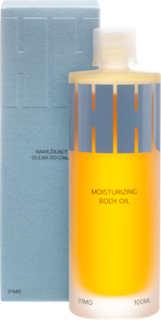 Hhuumm Nawilżający Olejek do Ciała 100ml, żółty w butelce z logo Hhuumm, obok błękitne pudełko.