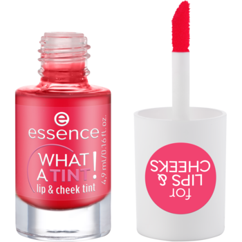 Essence What A Tint! Lip & Cheek Tint w koralowo-różowej buteleczce, z aplikatorem widocznym obok, dla ust i policzków.