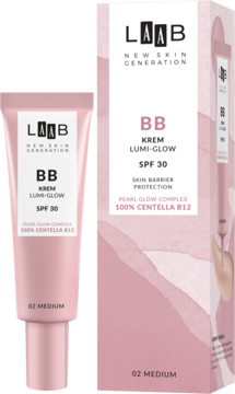 Różowy BB krem LAAB Lumi-Glow SPF 30, odcień 02 Medium, w tubce i pudełku, widok z przodu.