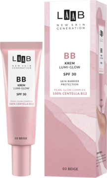 AA LAAB BB Krem Lumi-Glow SPF 30 w różowej tubce i pudełku, z oznaczeniem 03 BEIGE i 100% Centella B12.