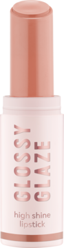 Pomadka Essence Glossy Glaze high shine w kolorze nude, wyjęta z białego opakowania, widok z przodu.