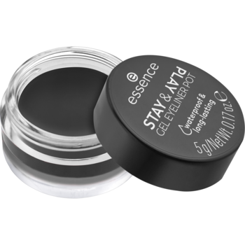 Czarny eyeliner w żelu Essence Stay & Play Gel Eyeliner Pot, otwarty, z czarną nakrętką obok.