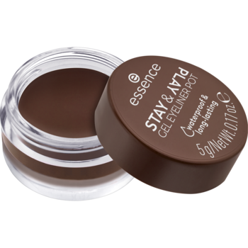 Essence Stay & Play Gel Eyeliner Pot 02 Brown, otwarty, widok z góry na brązowy żel w słoiczku, wodoodporny.