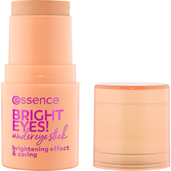 Sztyft pod oczy Essence Bright Eyes! w ciepłym miodowym odcieniu, otwarty z widocznym produktem i nakrętką obok.