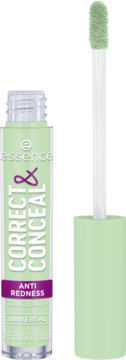 Zielony korektor Essence Correct & Conceal Anti Redness w tubce z wysuniętym, flokowanym aplikatorem, widok z przodu.