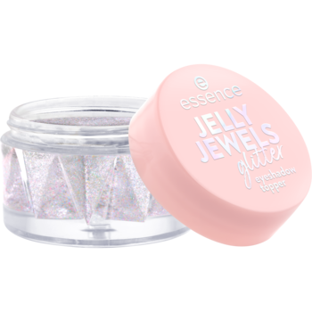 Essence Jelly Jewels 02 Celestial Shimmer, brokatowy topper do powiek w otwartym, krystalicznym słoiczku.