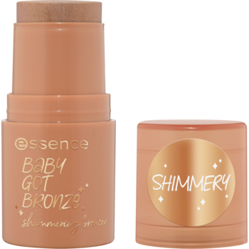 Bronzer w sztyfcie Essence Baby Got Bronze Shimmery, brązowy, częściowo otwarty, ze złotym napisem.