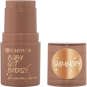 Essence Baby Got Bronze 20 Holiday Glow, brązowy, błyszczący bronzer w sztyfcie, z odkręconą nasadką.