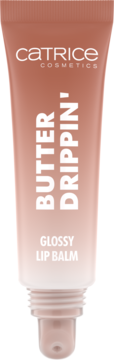 Tubka balsamu Catrice Butter Drippin' Glossy Lip Balm 020 Maple Latte, w ciepłym, błyszczącym odcieniu nude.