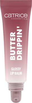 Catrice Butter Drippin' Glossy Lip Balm 030, mauve tube with white text. Delivers hydration and shine with subtle color.
