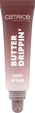 Catrice Butter Drippin' Glossy Lip Balm, brązowo-różowa tubka z aplikatorem, widok z przodu.
