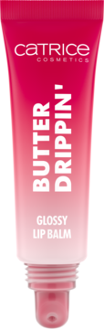 Catrice Butter Drippin' Glossy Lip Balm w różowo-czerwonej tubce z otwartym dozownikiem, widok z przodu.