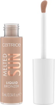 Catrice Melted Sun Liquid Bronzer 005 Tan Lines w małej szklanej butelce, aplikator obok z brązowym płynem.