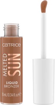Catrice Melted Sun Liquid Bronzer 025 Beach w butelce z wyjętym aplikatorem, brązowy płyn, matowe wykończenie.