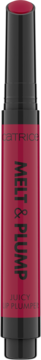 Catrice Melt & Plump Juicy Lip Plumper 040, błyszczyk w jagodowym kolorze, czarna tubka z wysuniętym sztyftem.