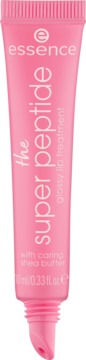 Różowy Essence The Super Peptide Glossy Lip Treatment w tubce z shea butter, biały tekst, widok z przodu.