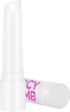 Biały balsam do ust Essence Juicy Bomb 06 Wake Me Up Before You Coco, jeden otwarty, drugi z logo.