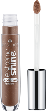 Błyszczyk Essence Extreme Shine Volume Lipgloss Biscuit Bliss, brązowy z drobinkami, otwarty z aplikatorem.
