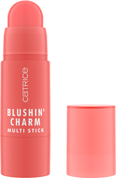 Catrice Blushin' Charm Multi Stick, koralowy róż/pomadka, otwarty sztyft z nakrętką obok, widok z przodu.