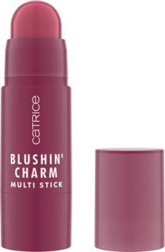 Róż w sztyfcie Catrice Blushin' Charm, kremowy, w odcieniu berry, z otwartą zakrętką widoczną z boku.
