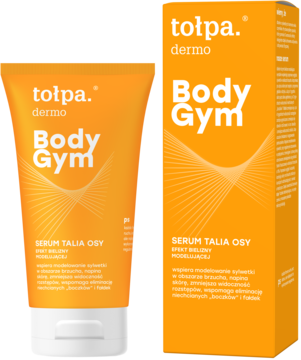 Pomarańczowe serum Tolpa Body Gym na talię w tubce i pudełku, widok z przodu. Redukuje rozstępy i ujędrnia skórę.