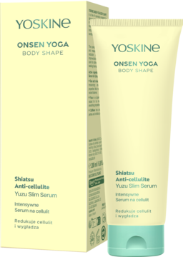 YOSKINE Onsen Yoga Shiatsu Anti-cellulite Yuzu Slim Serum w jasnozielonej tubce obok pudełka, widok z przodu.