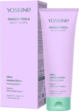 YOSKINE Ultra Matcha Detox Firming Balm w fioletowym opakowaniu i tubce balsamu ujędrniającego do ciała.