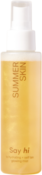 Say hi Summer Skin mgiełka samoopalająca, złota butelka z błyszczącym płynem i białym atomizerem, z przodu