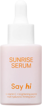 Serum Say Hi Sunrise z witaminą C i peptydami, bladoróżowa butelka z białym zakraplaczem, widok z przodu.