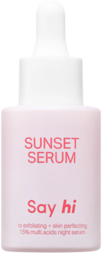 Różowe serum złuszczające Say hi Sunset Serum 15% multi kwasów na noc w butelce z zakraplaczem, widok z przodu.